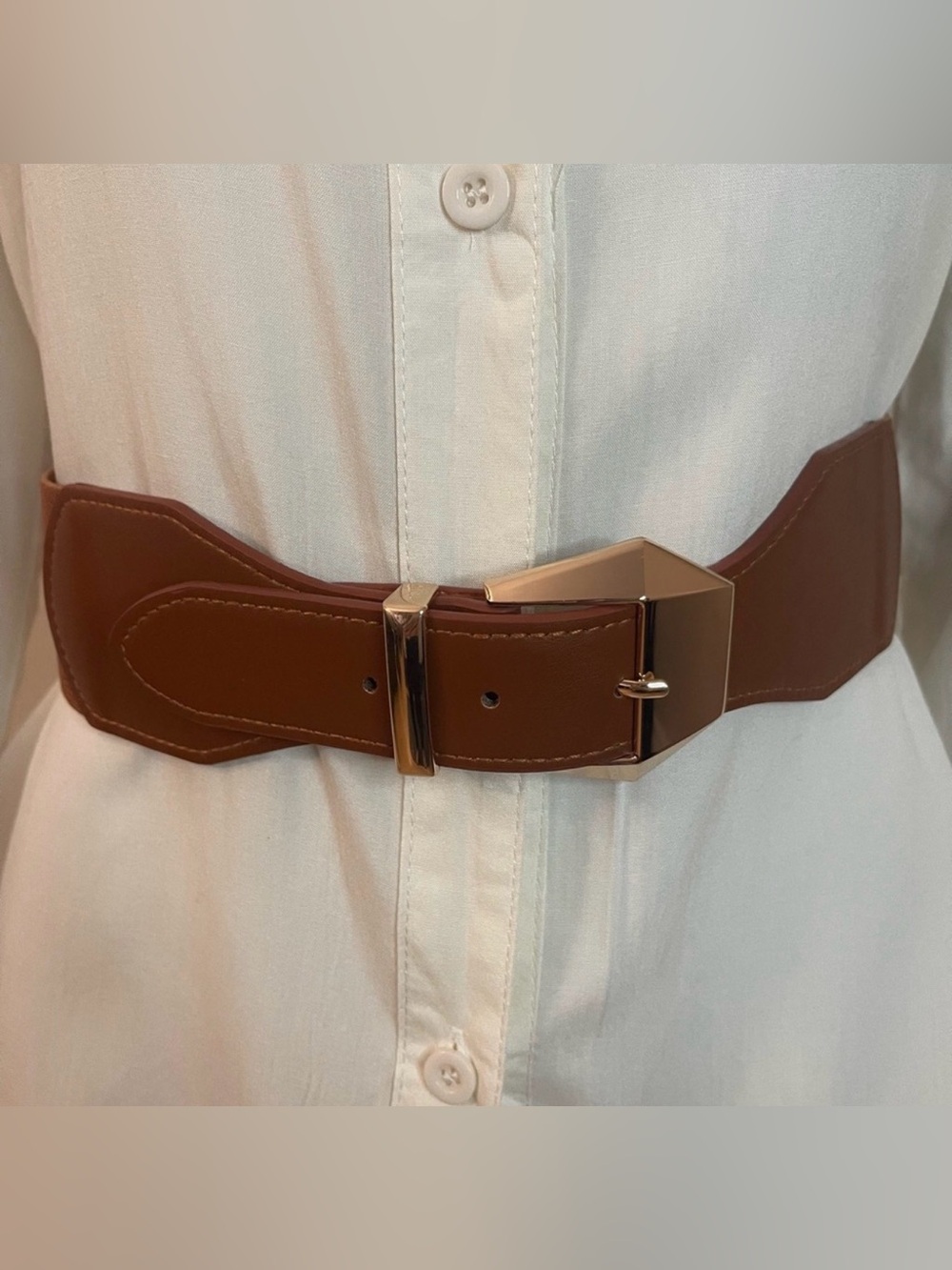 Brown PU leather gold tone buckle elastic waistband belt